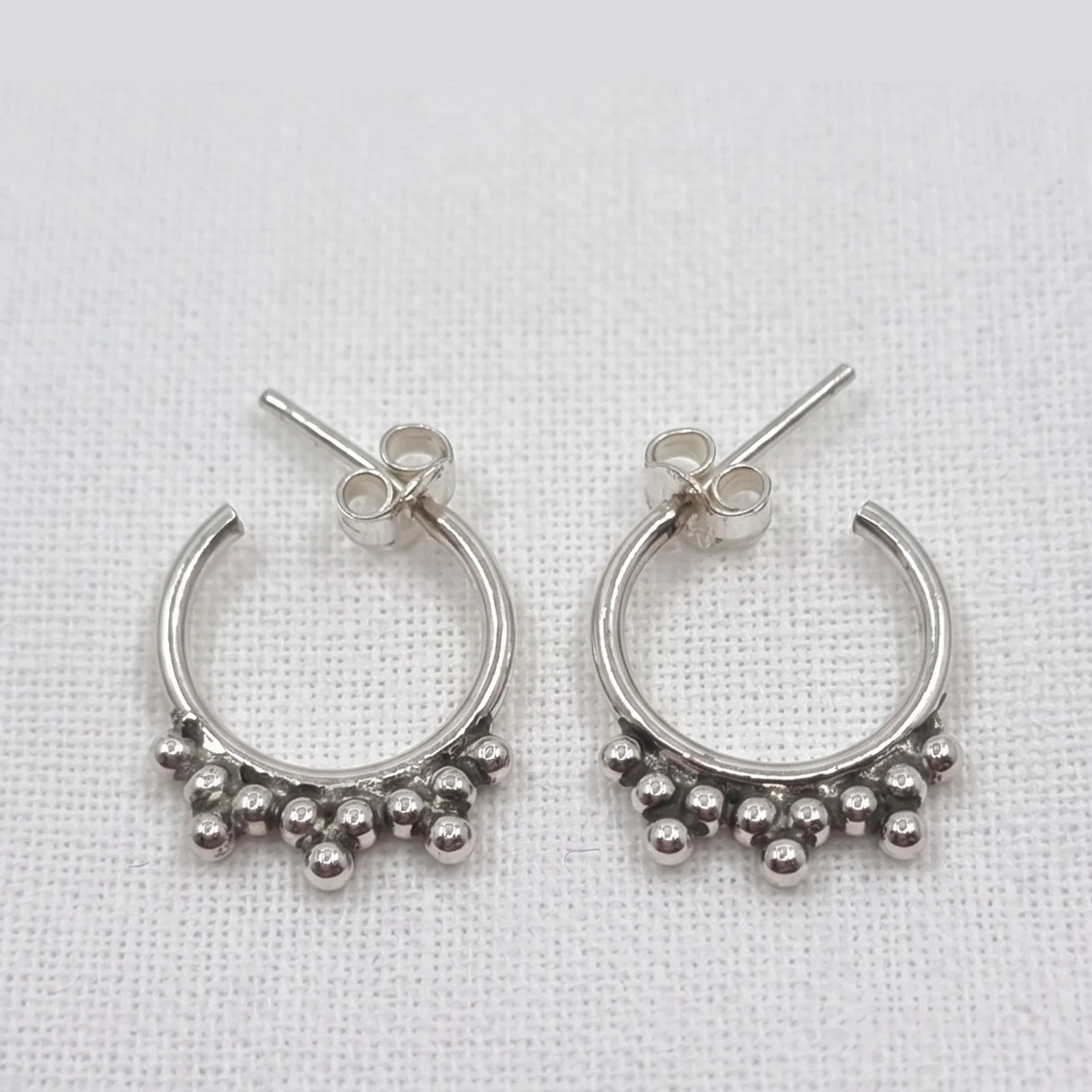 Silver Beaded Bali Hoop Stud Earrings