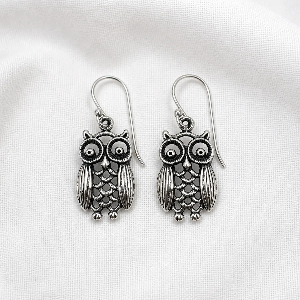 Silver Owl Drop Earrings